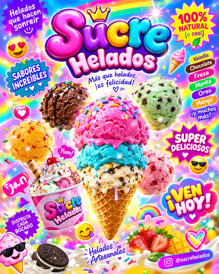 Flyer genérico hecho con IA: saturado, con brillos, íconos y letras mal escritas
