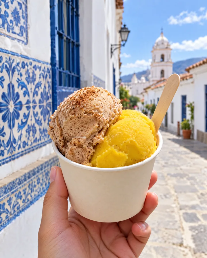Vaso de helado de canela y tumbo en la mano frente a azulejos coloniales